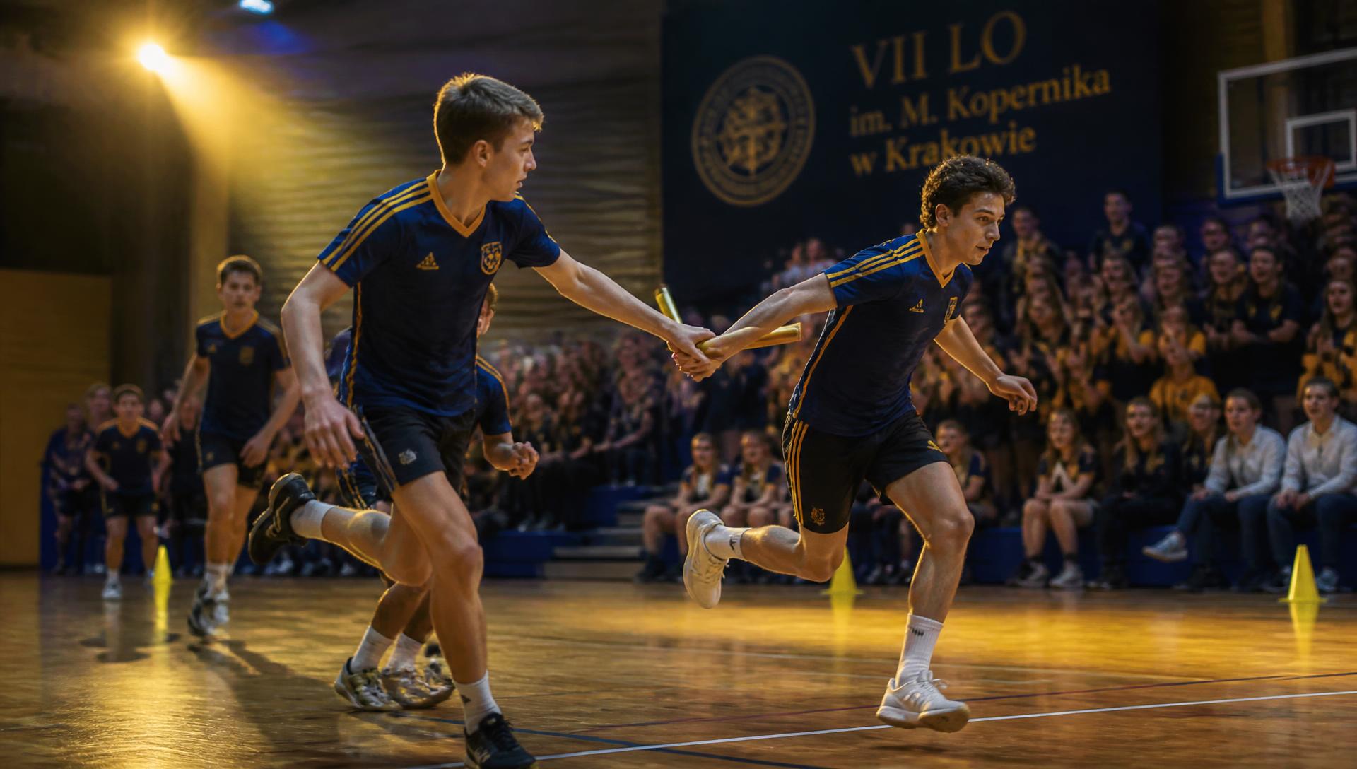 Uczniowie w trakcie sztafety podczas szkolnych zawodów sportowych